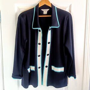 Vintage Misook Black Blue White Stripe Trim Knit Cardigan